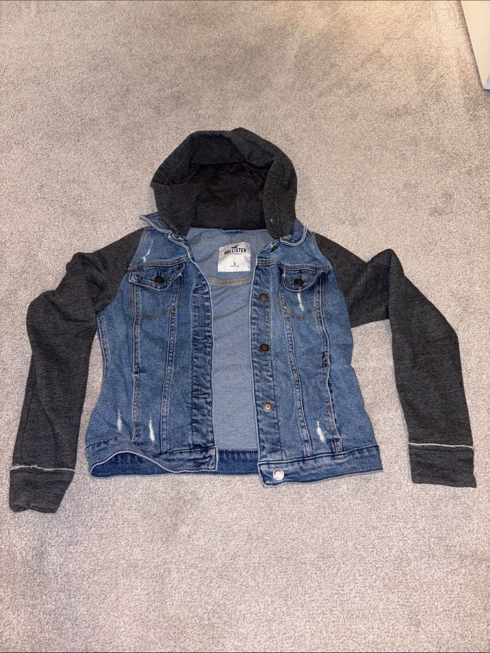 Hollister Blue Denim Jacket with Dark Gray Hoodie and Sleeves